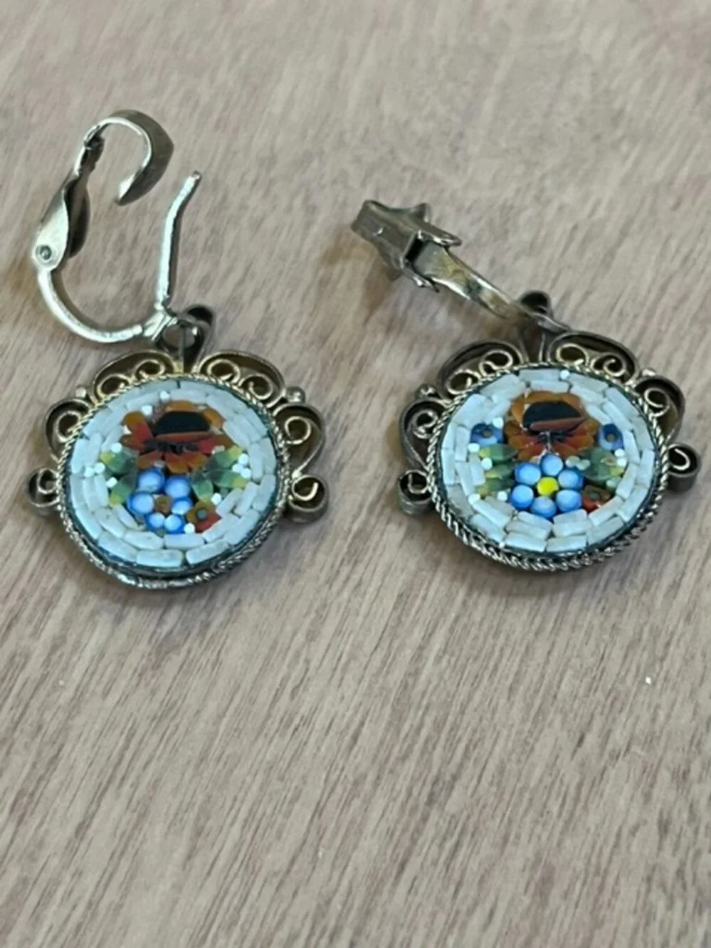 Vintage Micro Mosaic Pin & Matching Clip Earrings Set